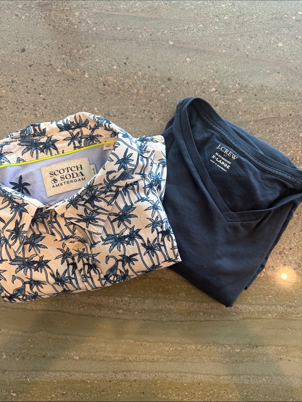 Scotch & Soda Men’s Palm-Print Button-Down Shirt - Blue on Cream & J Crew tee